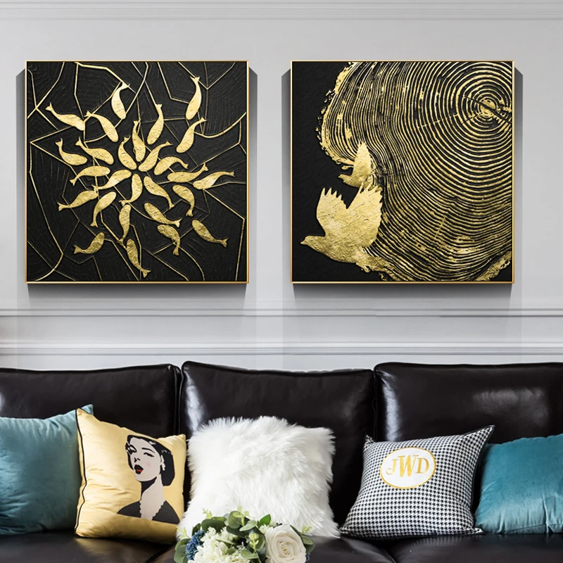 

Abstract Paintings Modern Nature Golden and Black Leaf Wall Pictures for living room Office Minimalist Quality Posters&prints