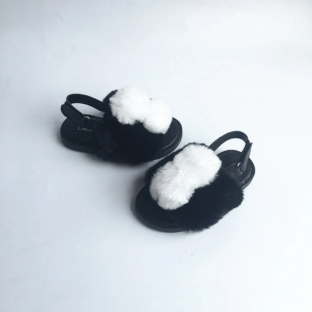 

New Baby Sandals Rabbit hair White Pom Pom Girls Sandals Upscale Party Baby shoes Children Sandals
