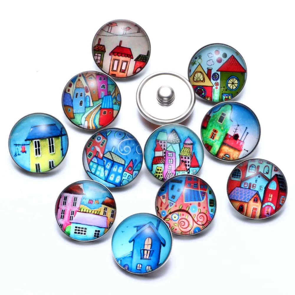 12pcs/lot Fairytale Town Theme Glass Charms 18mm Snap Button Jewelry For Snaps Bracelet KZ0683|18mm snap button jewelry|snap jewelrybutton jewelry |