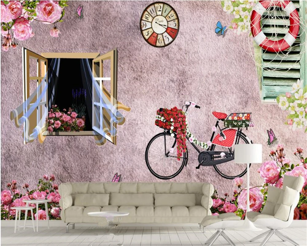 3d обои в стиле ретро красивые средиземноморские окна розовые обои|3d wallpaper|fashion
