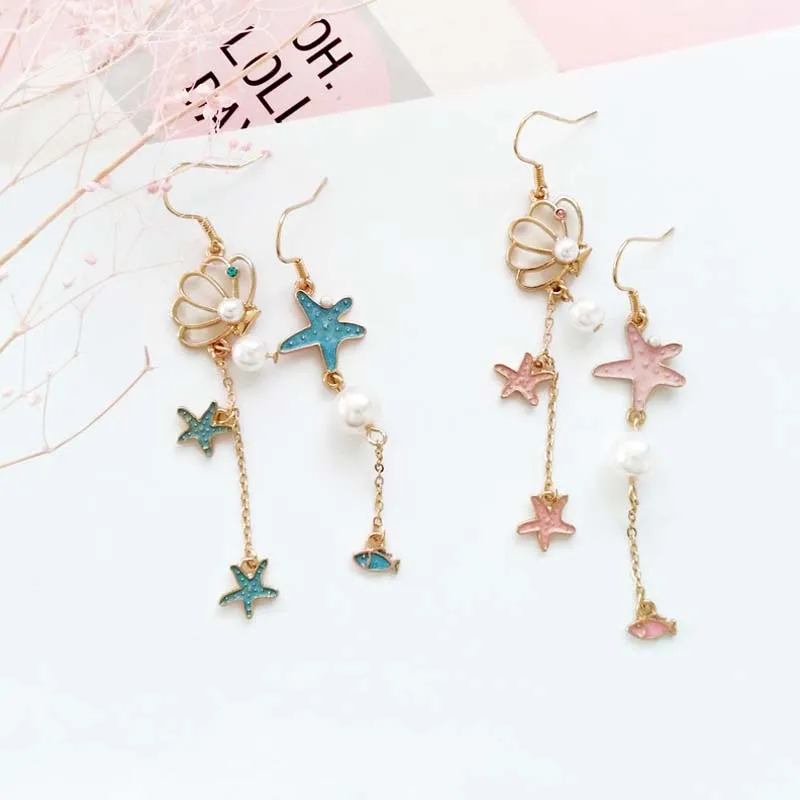 Original Japanese and Korean accessories source factory starfish shell dripping oil ear nail cartoon long tassel female earrings | Украшения