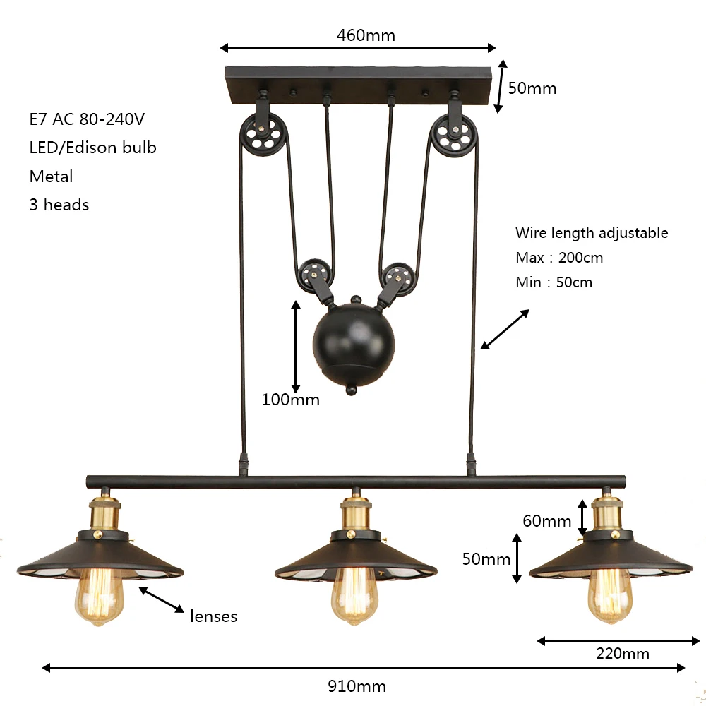 Ретро подвесной черный светильник E27 Светодиодный стеклянный абажур