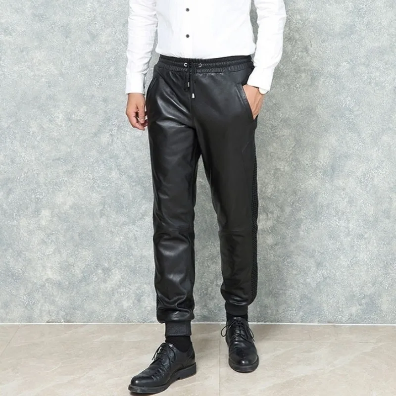Мужские свободные шаровары из натуральной кожи черные брюки овечьей на шнурке с