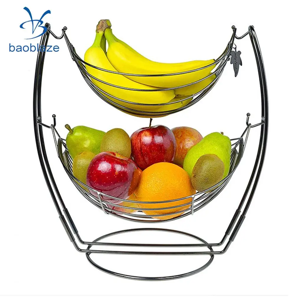 

2 Tier Fruit Basket Durable Metal Fresh Fruit Baskets Oranges Storage Bowl