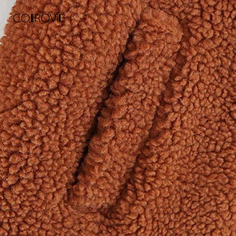 COLROVIE Brown Solid Pocket Open Front Casual Teddy Coat Women Autumn Fashion Warm Long Coat Office Ladies Elegant Outwear