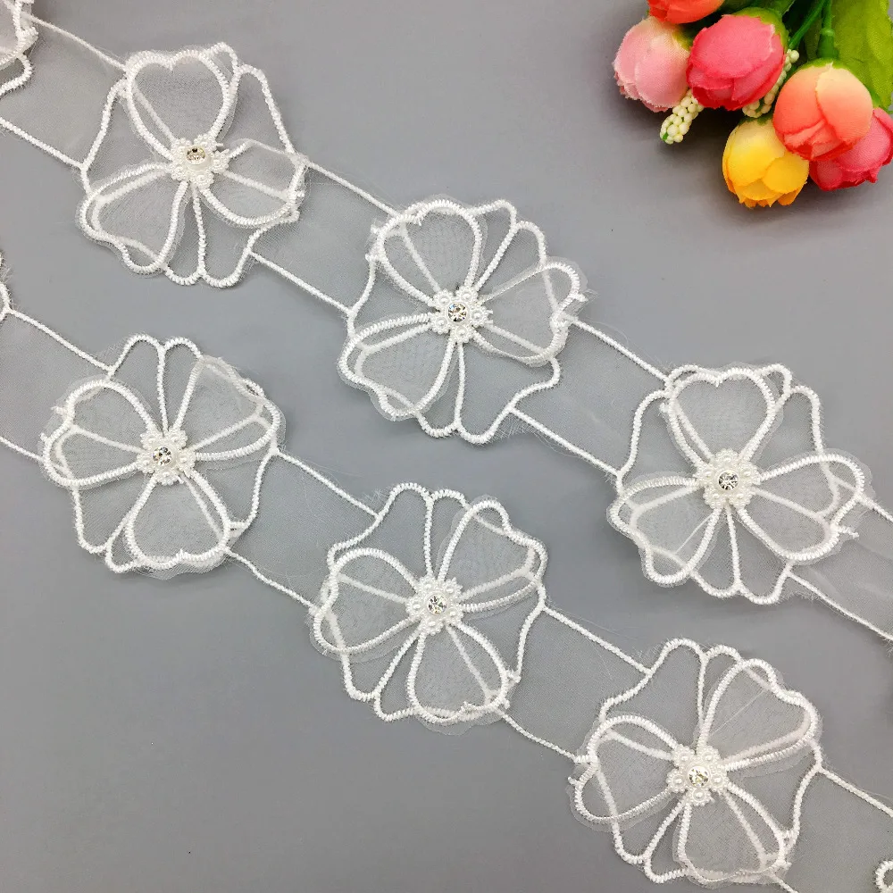 2 ярда Стразы орхидеи цветы кружевная отделка вышитая лента свадебное платье