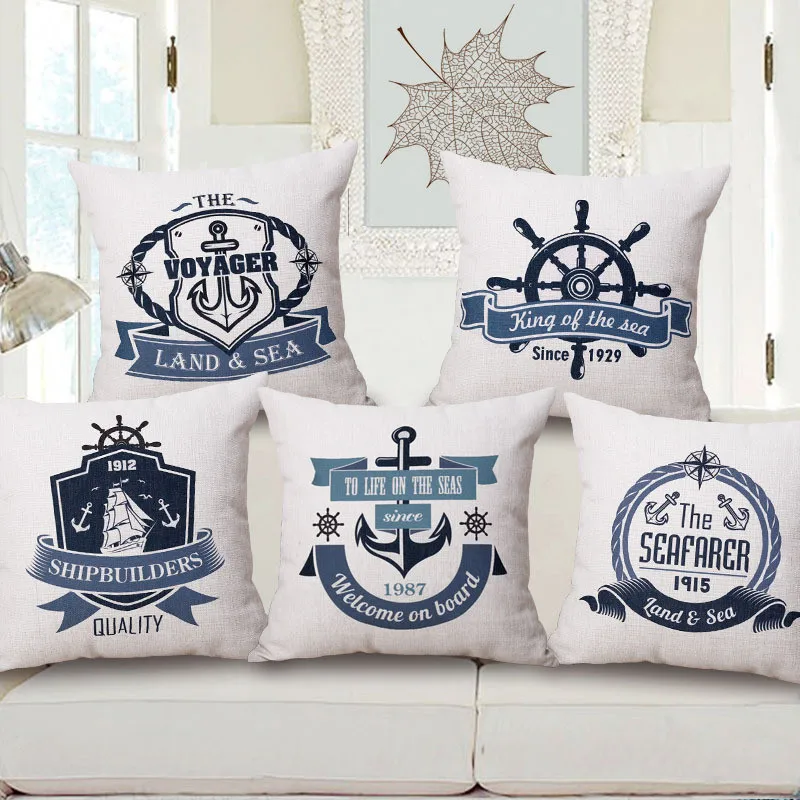 

Nautical Simple Style Decorative Cushion Cover Rudder Anchors Cotton Linen Pillow Cover Square Throw Cushion