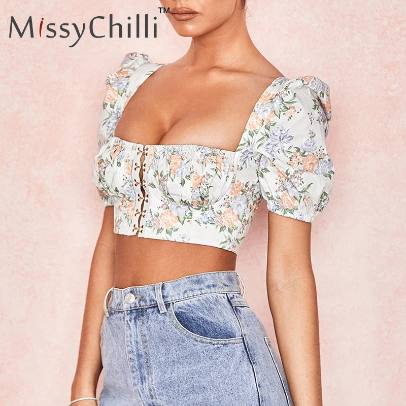 Сексуальная майка MissyChilli с пышными рукавами и цветочным рисунком женский белый