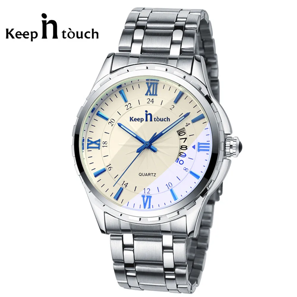 blue KEEP IN TOUCH часы мужские модные повседневные водонепроницаемые Брендовые мужские кварцевые часы с календарем Серебристые Металлические наручные часы для подарка - Цвет: blue