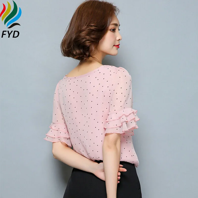 New 2017 Polka Dot Chiffon Women Blouses Shirts Short Sleeve Ruffles Summer Plus Size 3XL Woman Clothing Brand Tops |