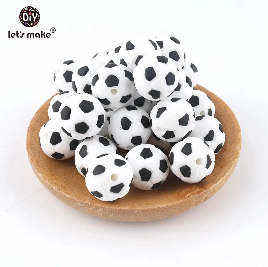 black football Let's make Детские игрушки без бисероплетения, футбольные силиконовые бусины, 15 мм, модные DIY ювелирные аксессуары, прорезыватели для зубов, ожерелье для кормления, 5 шт., Прорезыватель для зубов - Цвет: black football