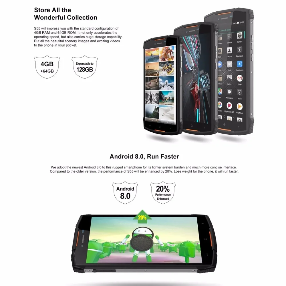 DOOGEE S55, водонепроницаемый смартфон, 4 Гб ОЗУ, 64 Гб ПЗУ, 5500 мАч, Восьмиядерный процессор MTK6750T, 5,5 дюймов, Android 8,0, две sim-карты, 13,0 МП, ОТА, 4G, FDD-LTE
