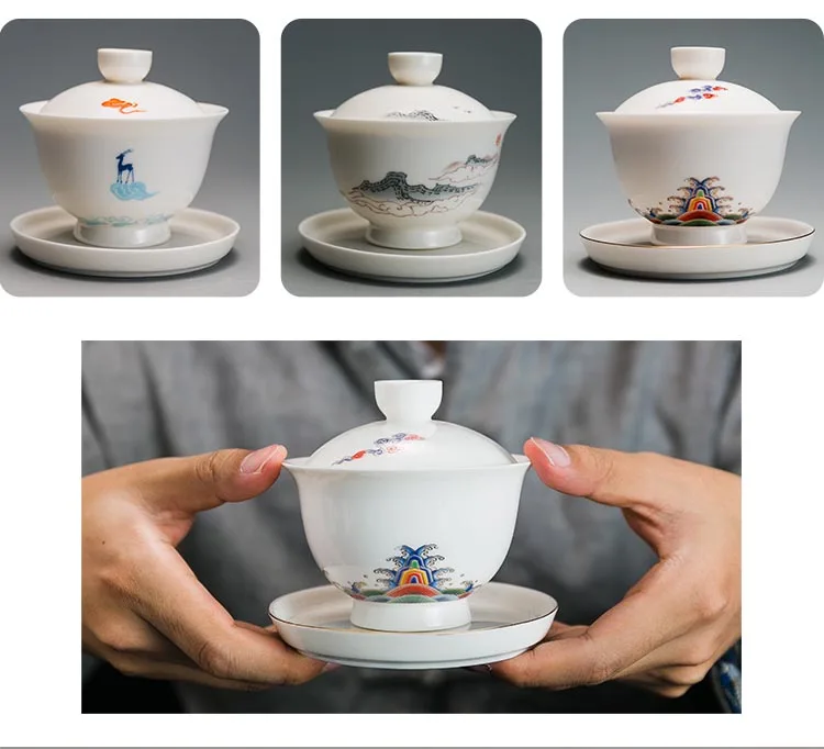 100 мл белая фарфоровая красочная чайная чаша Gaiwan с крышкой и блюдцем, набор чайных церемоний, посуда для напитков, чайная посуда, чайник, Декор, ремесла