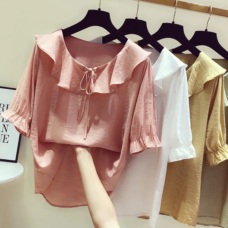 

Cotton Hemp Girl Shirts Women's Summer Short Sleeve Round Collar Blouse Female New Loose Bowknot Ruffled Sweet Top Shirt H9095
