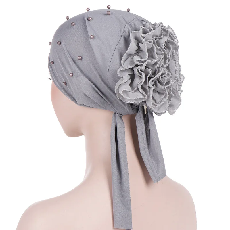 

Muslim Women Stretch Bead Cotton Solid Flower Turban Hat Cancer Chemo Beanies Headwear Pre-Tied Scarf Hair Loss Accessories
