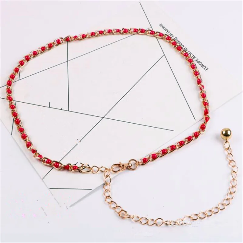 Rose Red Для женщин роскошный тонкий металлический пояс Ремни Harajuku Карамельный цвет имитация жемчужные бусы, нательная цепочка под Ремни для девочек аксессуары для детей - Цвет: Rose Red