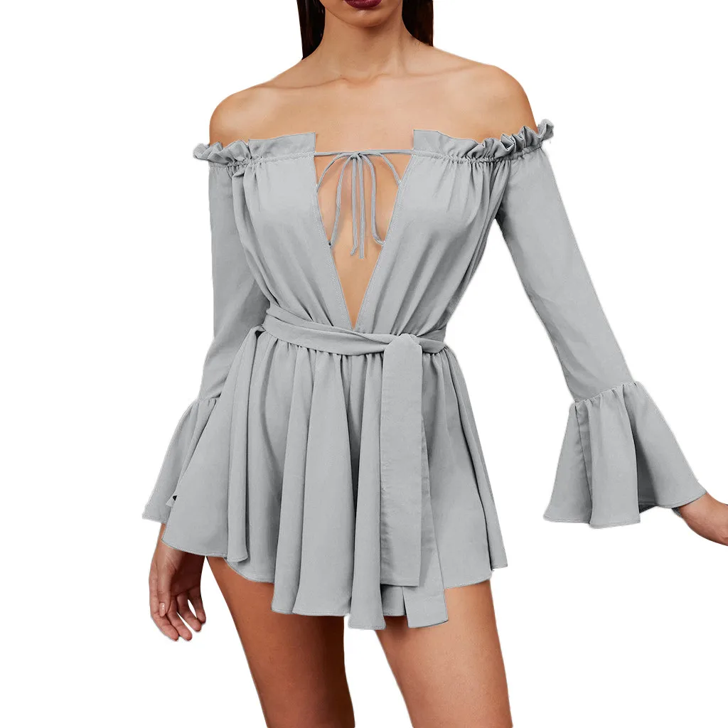 Women Dress Summer Sexy Off Shoulder Solid One Word Collar Long Sleeve Bow Mini Erotic Dresses | Женская одежда