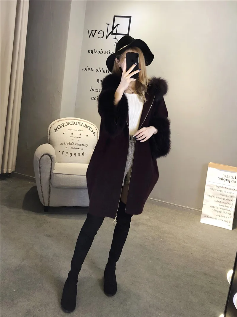 High Quality Women Real Fox Fur Hooded Cardigan Mink Cashmere Zipper Long Sleeve Winter Autumn Warm Kintted Coat |