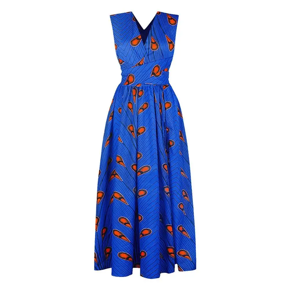 Blue Fadzeco Новые африканские платья для женщин одежда узоры Анкара Дашики наряды Африканский Принт Комбинезон Подол Макси платье передний разрез - Цвет: Blue