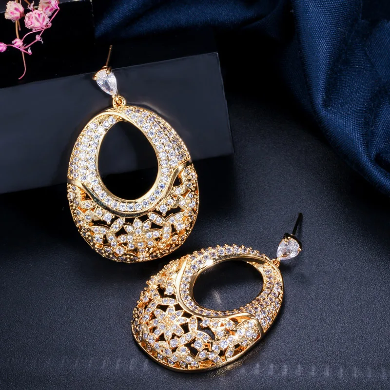 CWWZircons Micro Pave CZ циркония камень желтое золото Цвет Винтаж для женщин Висячие серьги высокое качество Свадебная вечеринка ювелирные изделия CZ031