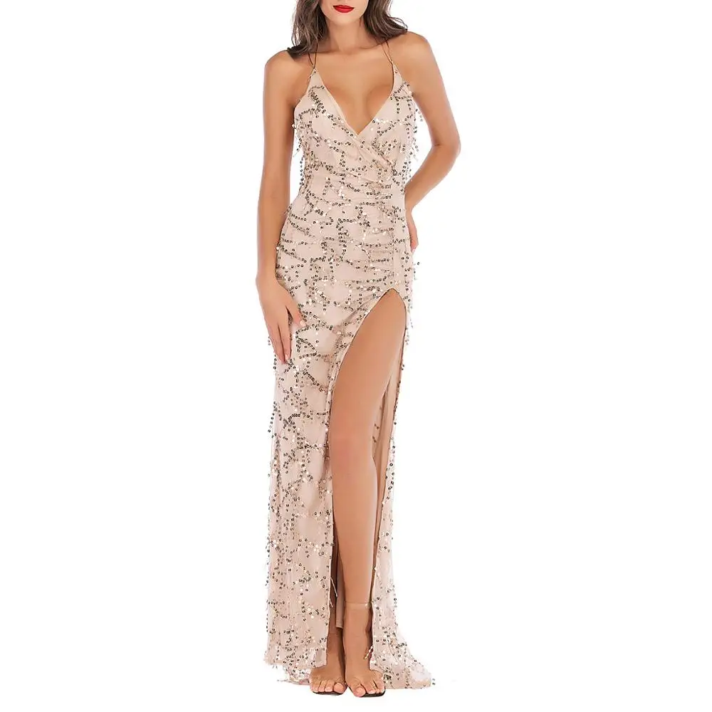

SX Apricot Sequined Splicing Irregular Suspended dress with tassel Embroidery and high fork sexy Backless Longuette