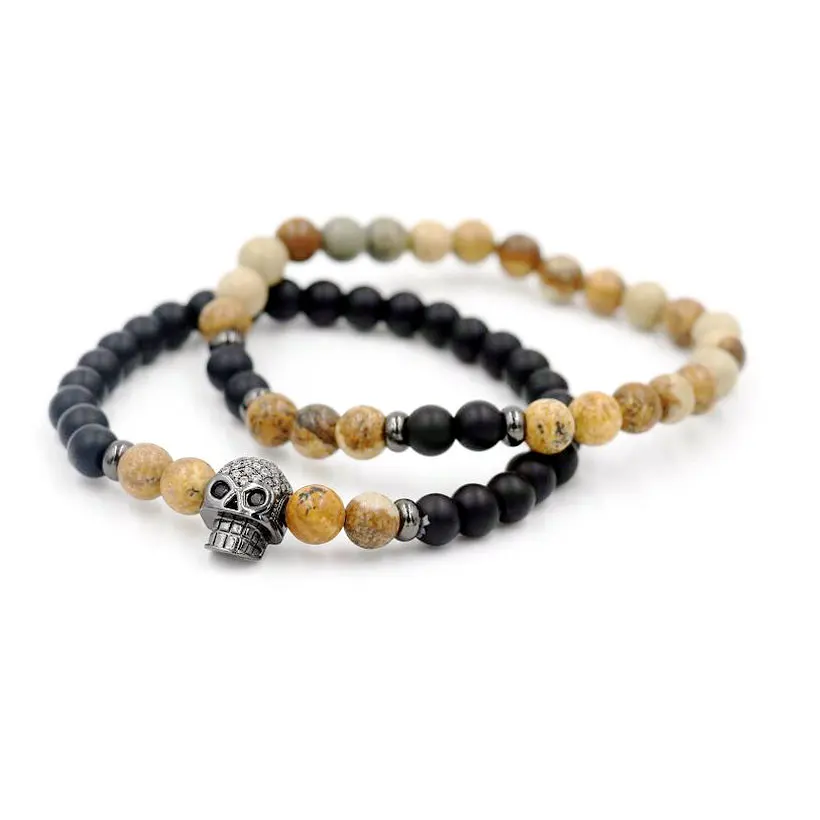 2pcs/set Mala Onyx Stone Strand Bracelet Men Copper Micro CZ Skull Head Energy Bracelets For Couples Women Lucky Buddha Jewelry | Украшения