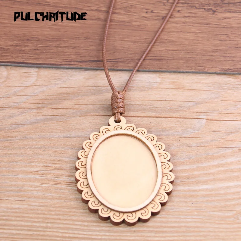  2pcs 30*40mm Inner Size Wood Cabochon Settings Blank Cameo Pendant Base Trays With Leather Cord For Jewelry Making | Украшения и