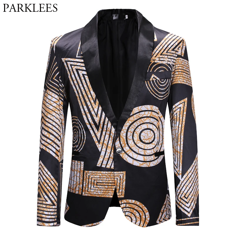 Stylish Geometric Print One Button Blazer Jacket Men Brand Shawl Collar Slim Fit Mens Blazers Party Casual Blazer Masculino