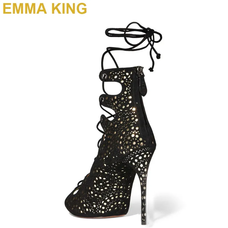 Luxury Black with Gold Laser Women Ankle Boots Summer Sandals High Heels Shoes Peep Toe Lace Up Sexy Lady Stilettos Dress | Обувь