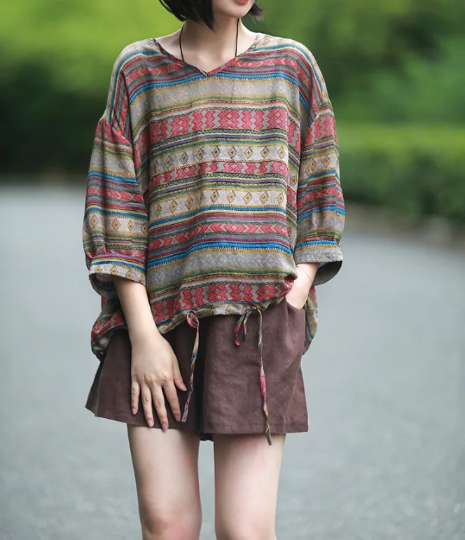 Осенняя женская футболка свободные ретро топы новинка v образный вырез в полоску