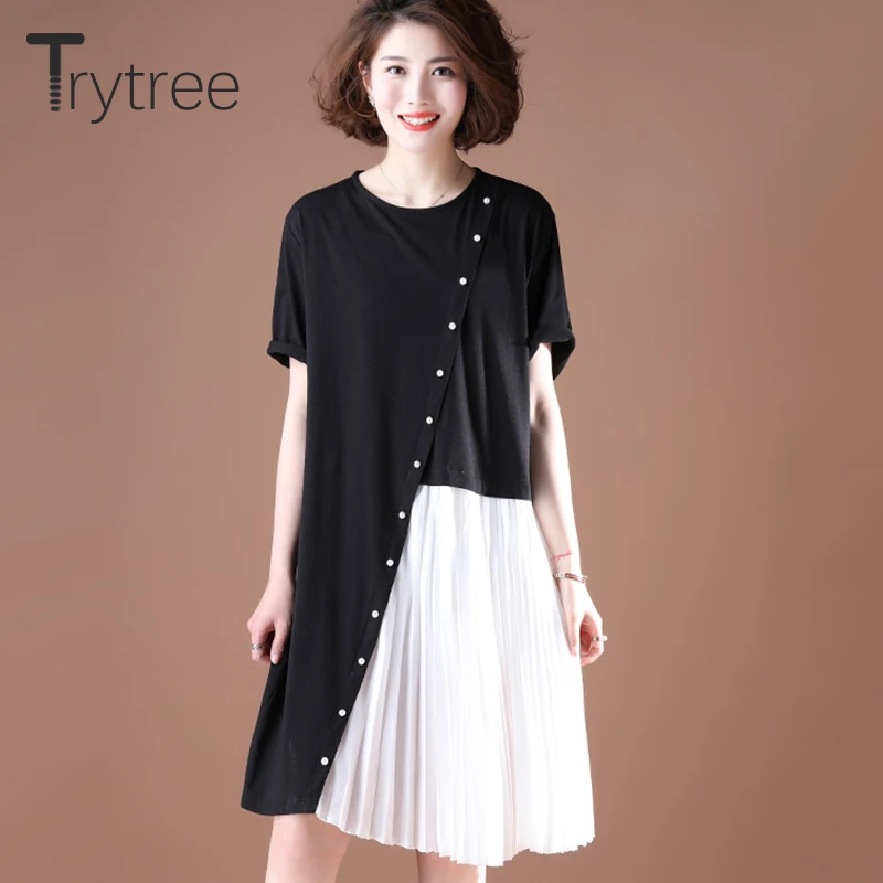 Женское платье-футболка Trytree черное Повседневное платье до колена с о-вырезом и