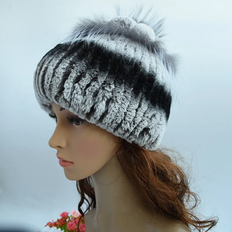 

Real rex rabbit fur caps winter women rex rabbit pom poms fur hat with fox fur flowers skullies knitted beanies