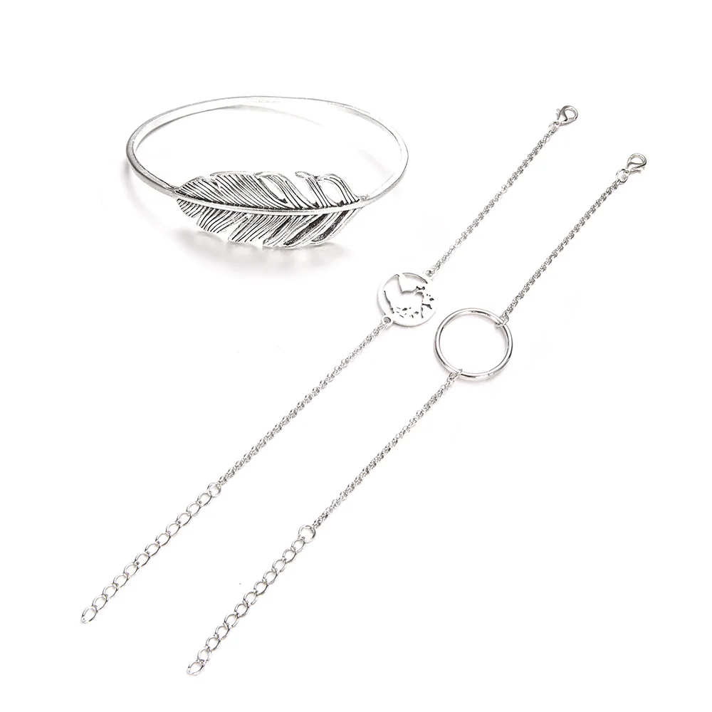 

3 PCS/Set Vintage Feather Earth Map Circle Round Bracelets For Women Multilayer Pendant Silver Color Bracelet Set Boho Jewelry