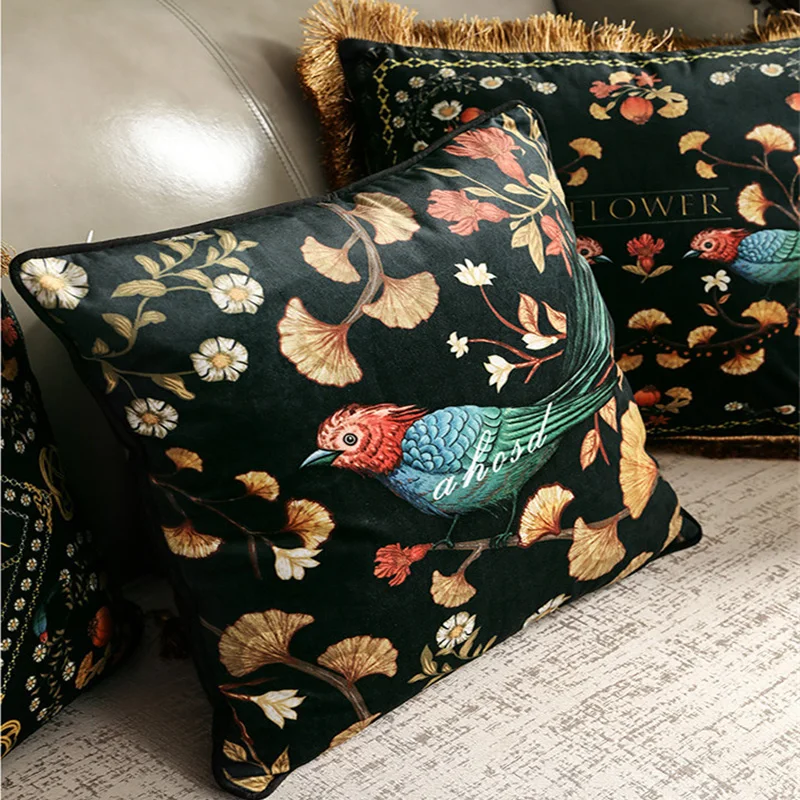 Elegant Retro Flowers Birds Pillow Cushion Cover Throw Decorative Pillows Tassel Cojines Decorativos Para Sofa Coussin Cushions