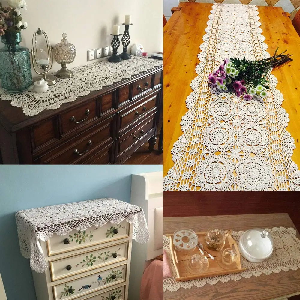 Cotton Handmade Crochet Lace Table Runner White/Beige Rectangle Coffee Decor For Wedding Party Kitchen Dresser Home | Дом и сад
