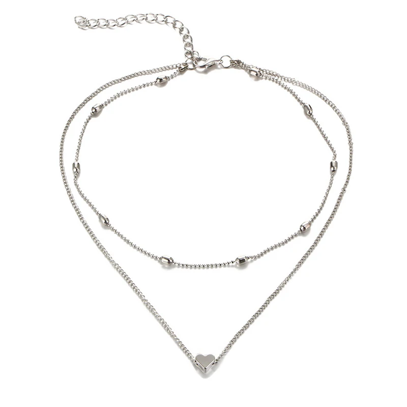 CAIYLAAM Simple Style Heart Layered Necklace Women Fashion Jewelry Gold Color Beads Chain for Ladies Gift | Украшения и