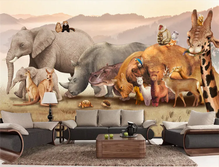 3D retro animal TV sofa background wall elephant giraffe children room bedroom wallpaper decorative painting | Обустройство дома