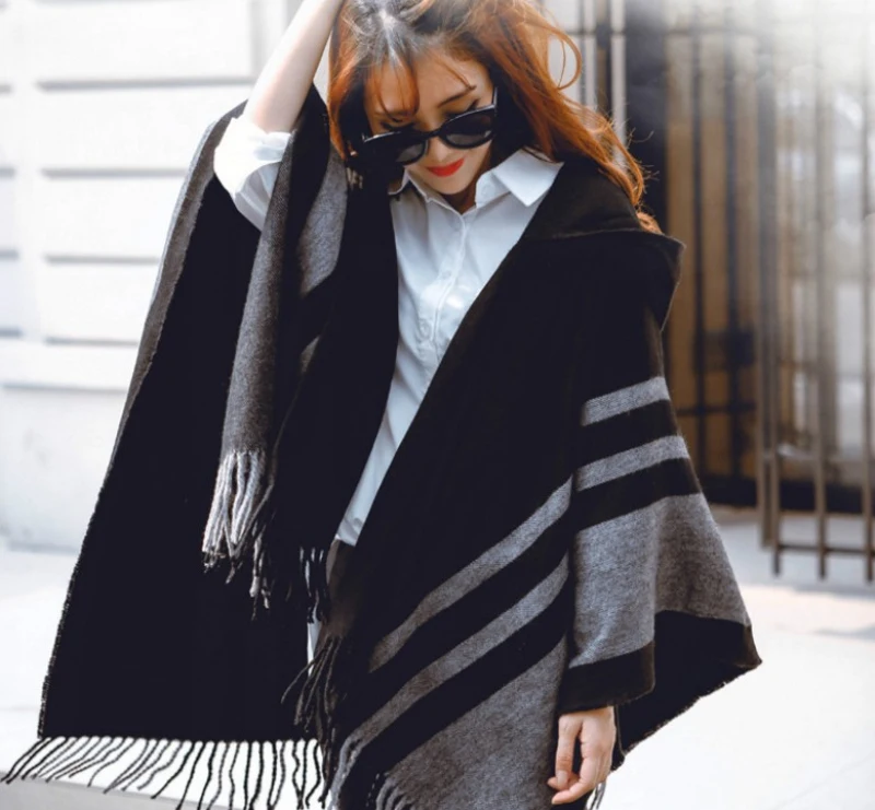 Женский вязаный кардиган большого размера пончо накидка теплый свитер Осень