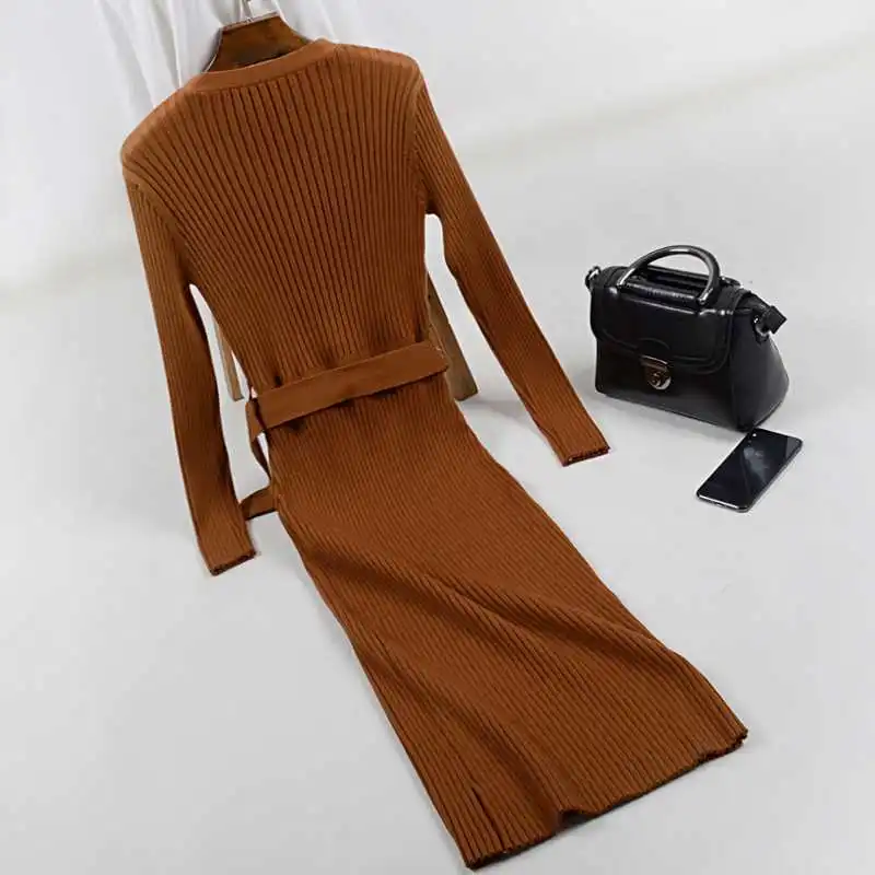 Женский Длинный свитер с поясом GIGOGOU черный облегающий пуловер V-образным вырезом