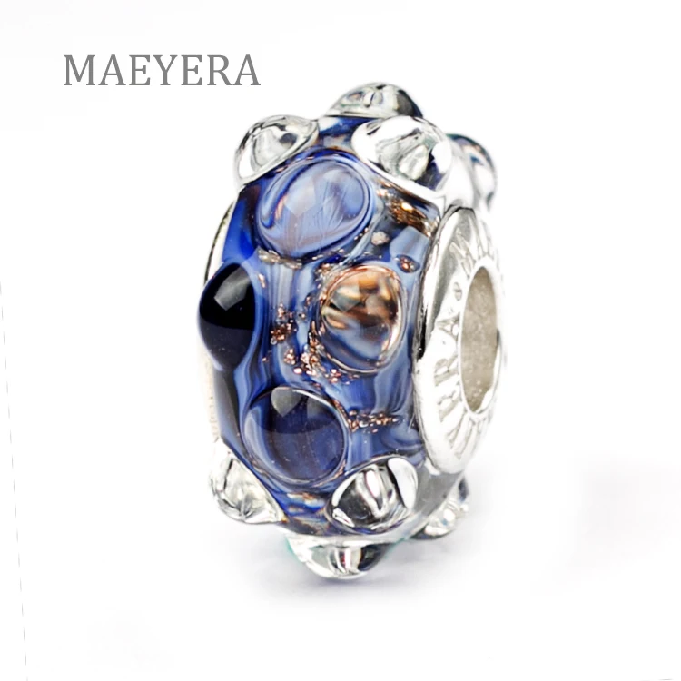 

MAEYERA Authentic 925 Sterling Silver Simple Delicate Blue Texture Murano Glass Beads Charm gift DIY Jewelry 920178