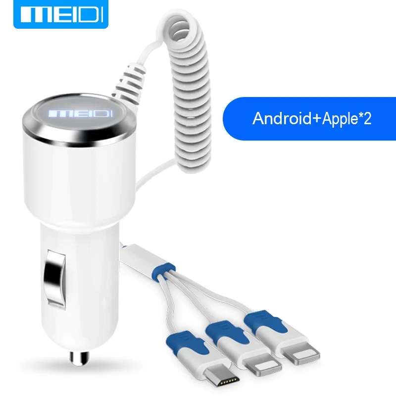 MEIDI 3 USB Автомобильное зарядное устройство для мобильного телефона с кабелем Micro usb type C осветительный кабель для Samsung S7 Xiaomi type C - Название цвета: Черный