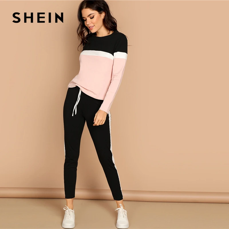 SHEIN Контрастный Топ И Брюки Комплект Женский Весенний Многоцветный Спортивный Топ С Длинными Рукавами И Брюки Комплект