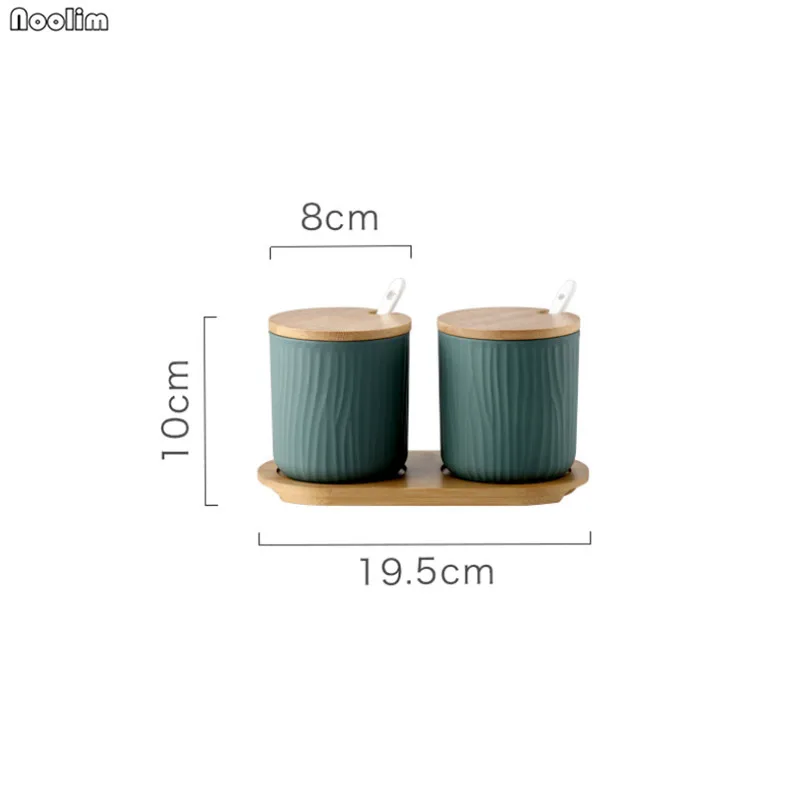 Green 2pcs with tray Nordic Керамика приправа набор банок приправы коробка перец соль может просто контейнер для приправ с крышкой и ложка, кухонные принадлежности - Цвет: Green 2pcs with tray