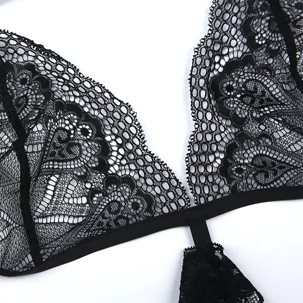 Missomo New Fashion Women Black Sexy Lace Jacquard Trim Bralette Adjustable Wide Straps Bras