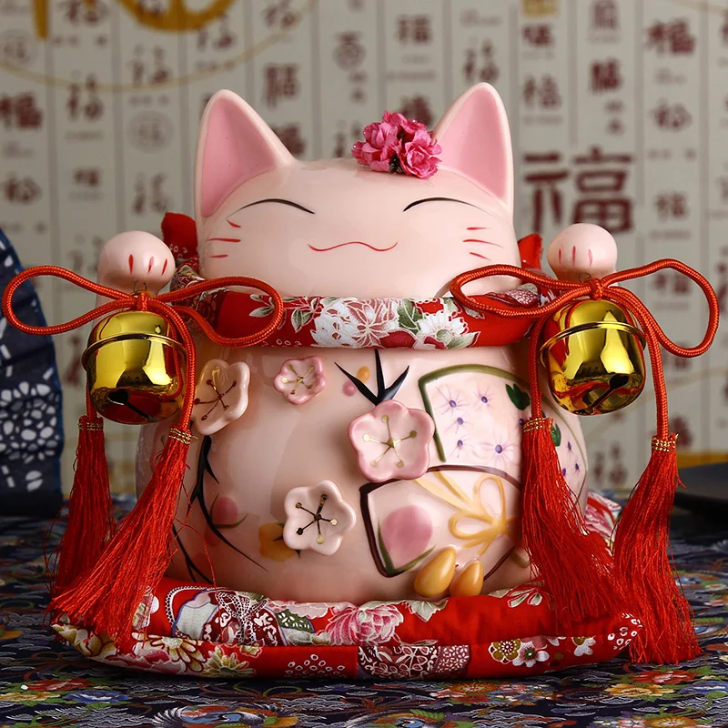 8 дюймов керамический орнамент Maneki Neko розовый белый дизайн Lute Lucky Cat Статуэтка для