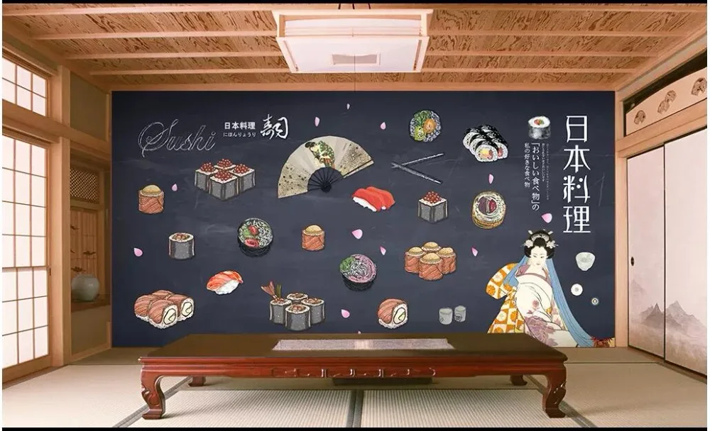 Пользовательские фото 3d обои для гостиной Японская еда суши Ресторан Ручная роспись 3d настенные фрески обои для стен 3 d