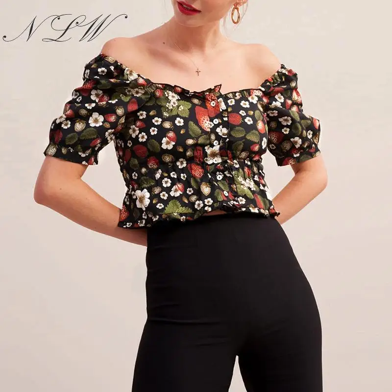 NLW Fruit Print Vintage Women Blouses Off Shoulder Button Peplum Crop Tops Chic Summer Beach white Blouse Shirts 2019 Blusa |