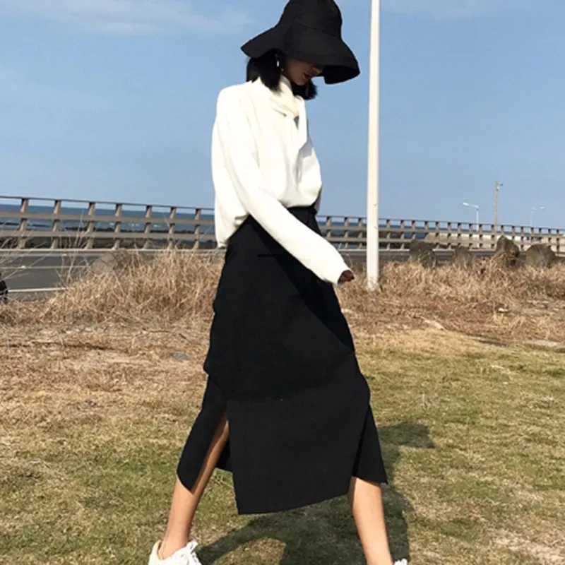 TWOTWINSTYLE, туника на шнуровке, миди юбки для женщин, осень, высокая талия, большой размер, трапециевидная юбка с карманами, Женская свободная одежда с разрезом