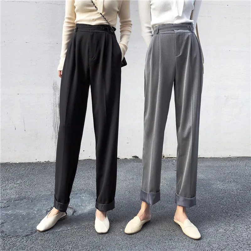 

Casual Korean Pants Ulzzang Solid High Waist Ankle-length Pocket Pants Fashion Famale Harajuku Belt Elegant Ladies Harem Pants