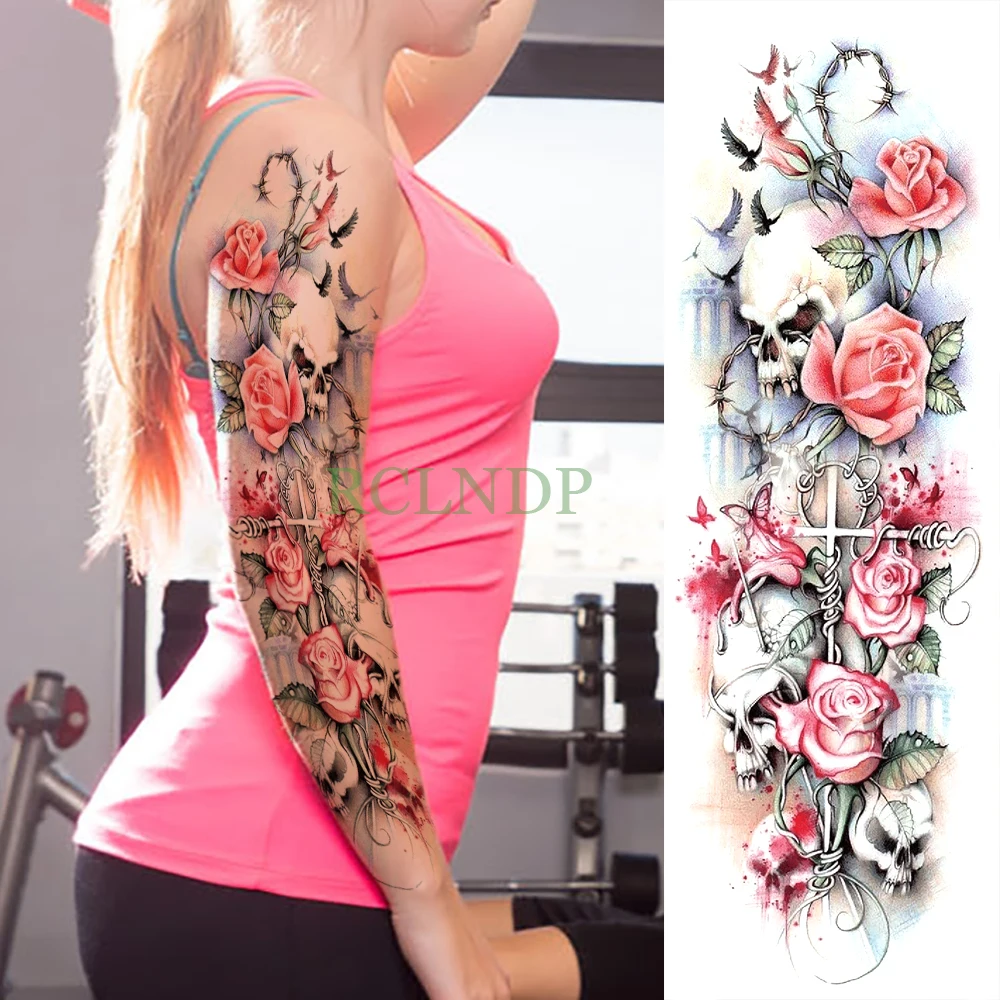 

Waterproof Temporary Tattoo Sticker Rose cross Skull full arm fake tatto big flash tatoo sleeve large size tato for men women
